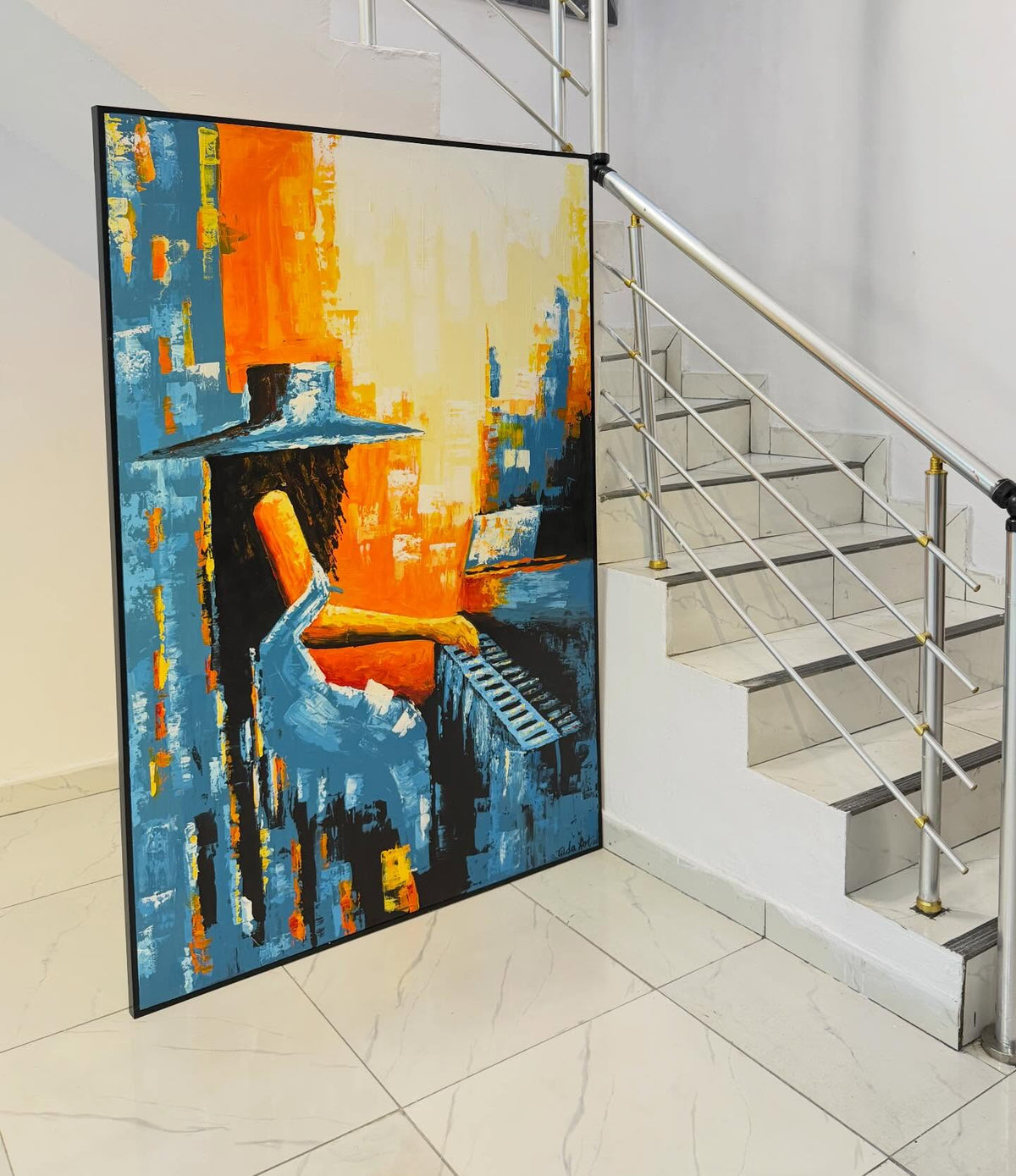 Harmony in Motion – Hand-Painted Abstract Pianist Acrylic Canvas (6ft × 4ft)