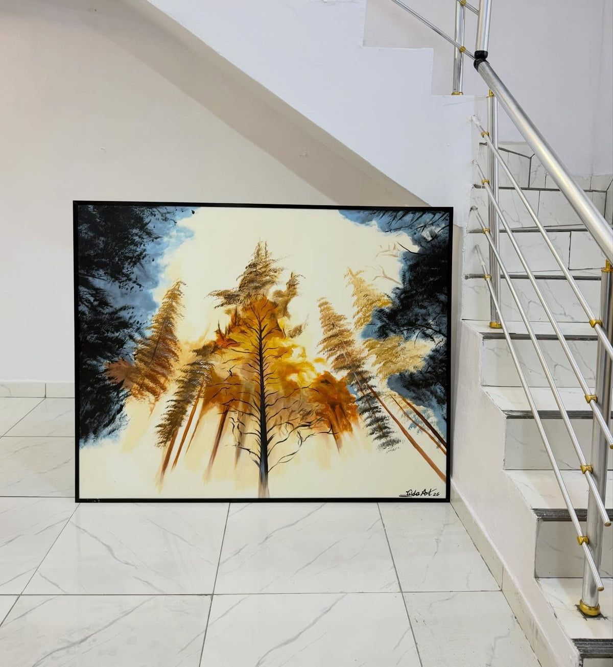 Golden Canopy – Hand-Painted Forest Landscape Acrylic Canvas (5ft × 4ft)