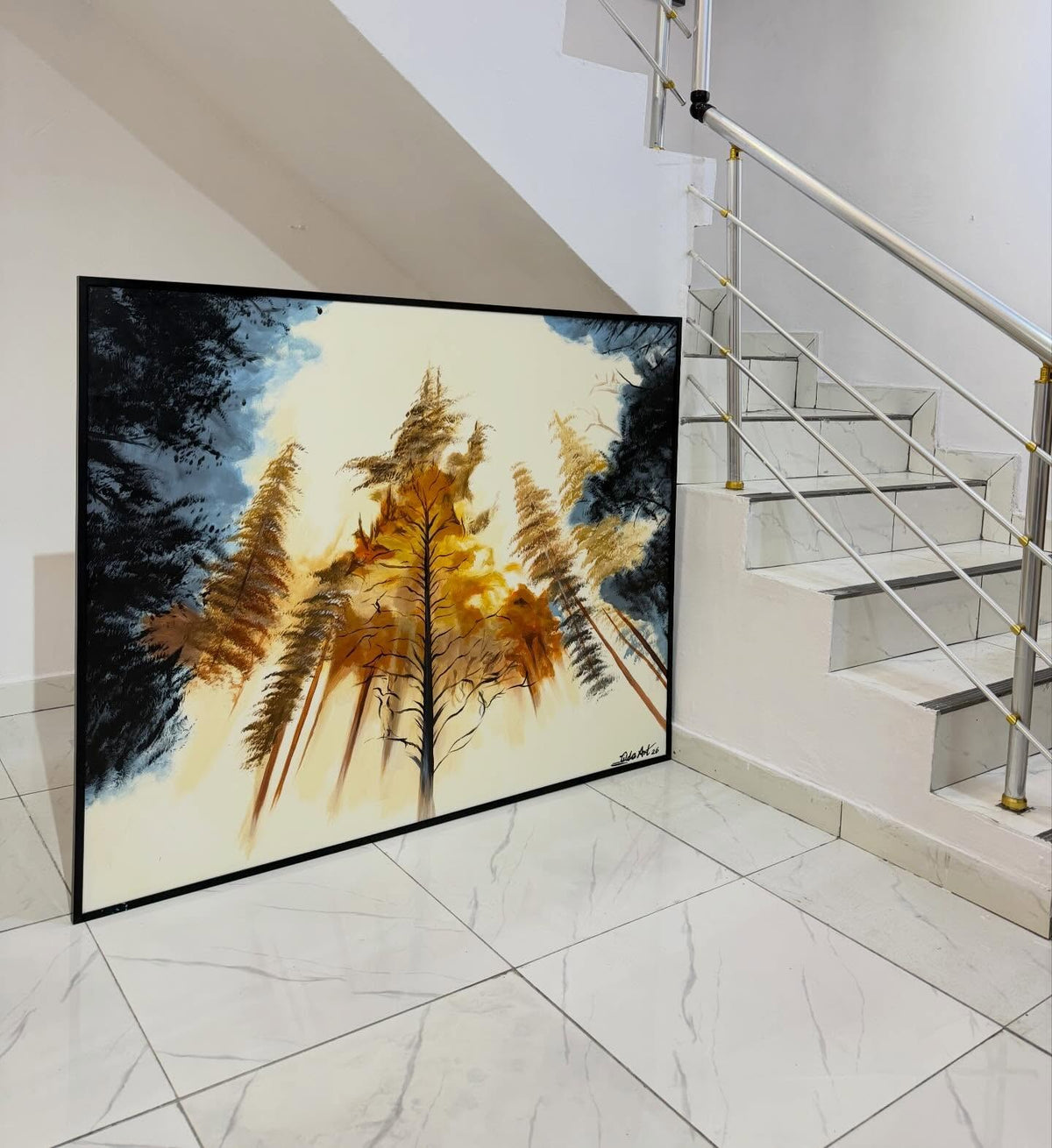 Golden Canopy – Hand-Painted Forest Landscape Acrylic Canvas (5ft × 4ft)