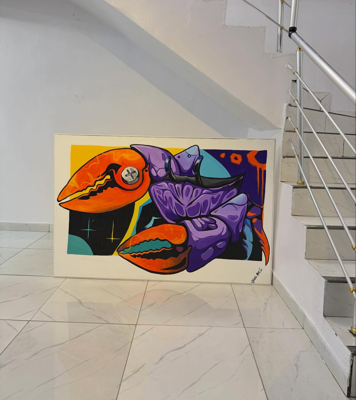 Crimson Claw – Hand-Painted Pop Art Crab Acrylic Canvas (5ft × 3ft)