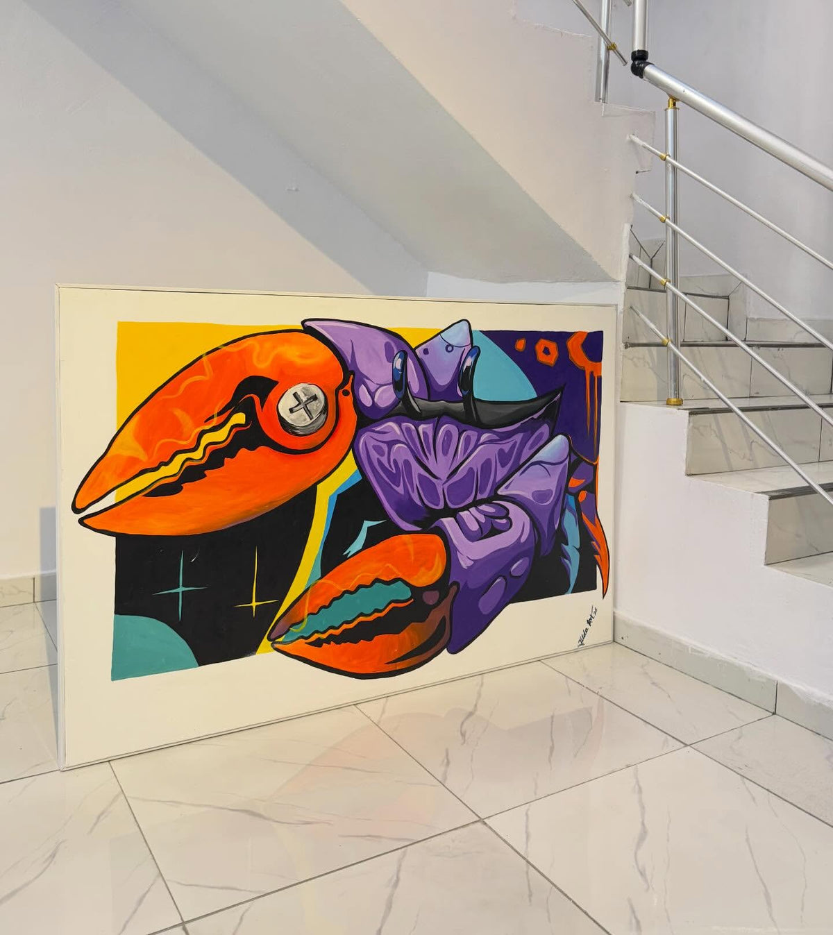Crimson Claw – Hand-Painted Pop Art Crab Acrylic Canvas (5ft × 3ft)