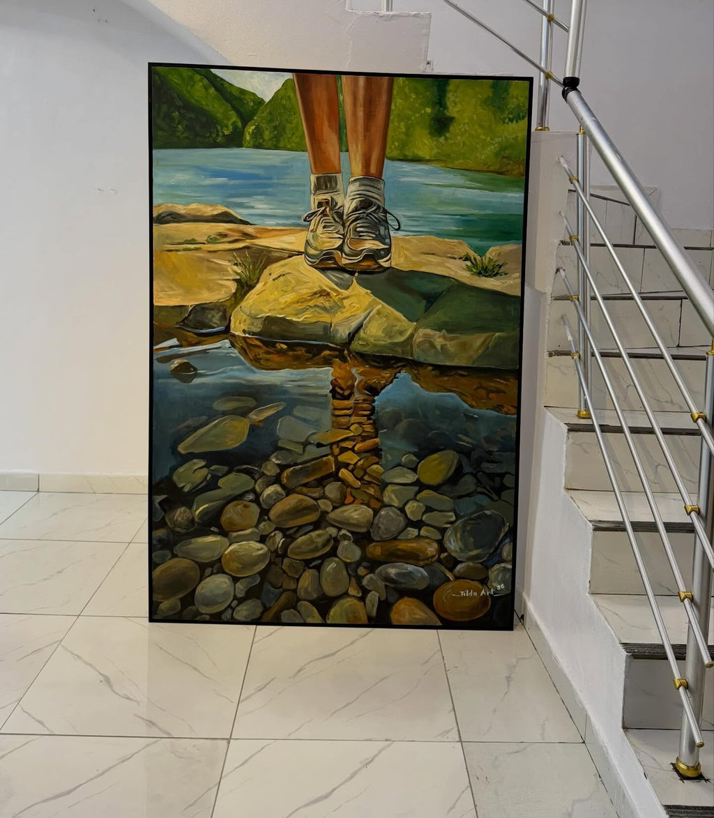 Reflections of the Journey – Hand-Painted Riverside Landscape Acrylic Canvas (6ft × 4ft)